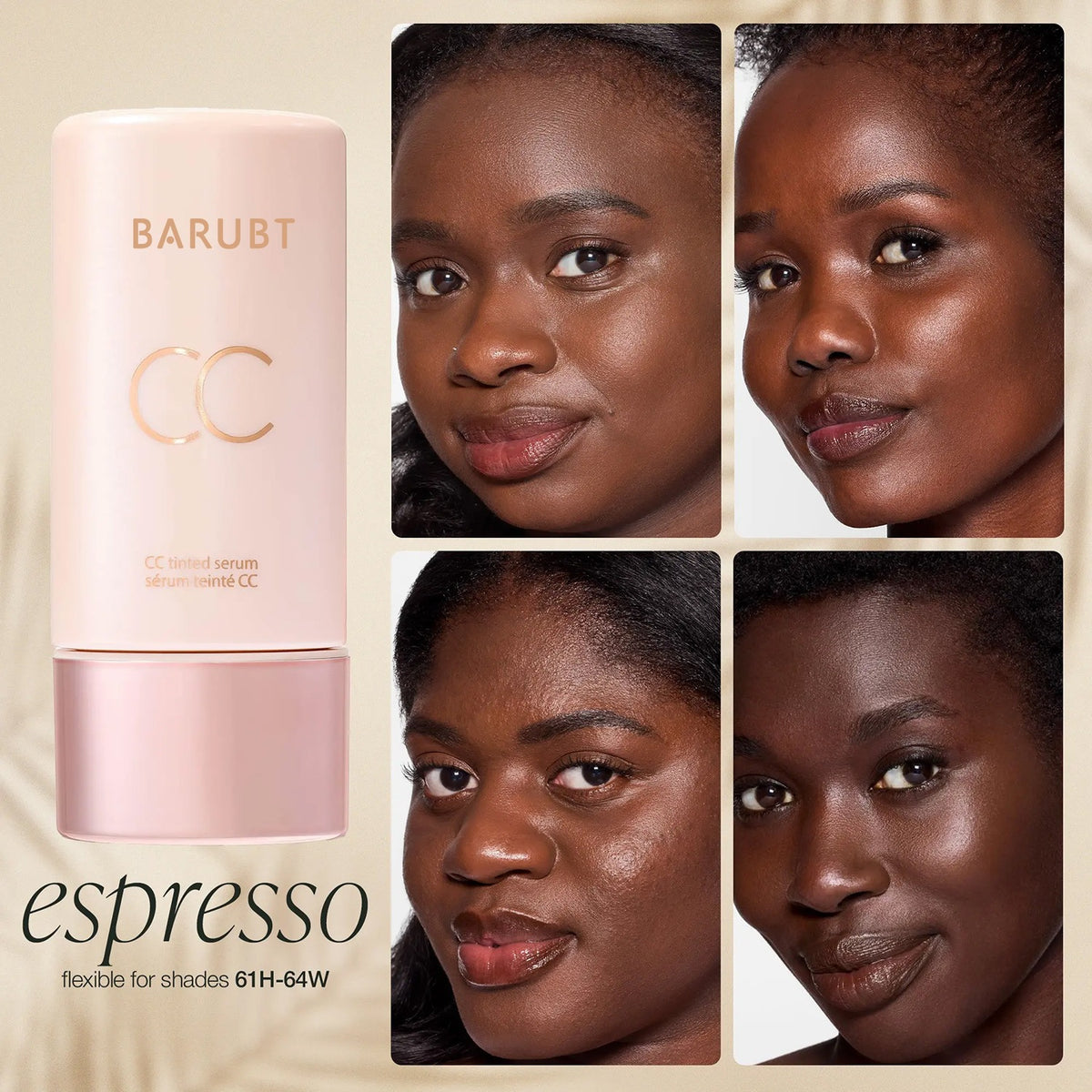 Toner CC cream with four facial close-ups on a beige background