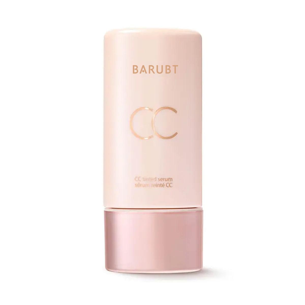 A light pink cylindrical cosmetic bottle with a matching pink cap, featuring the brand name 'BARUBT' and 'CC' in a metallic rose-gold tone on the front, set against a plain white background.